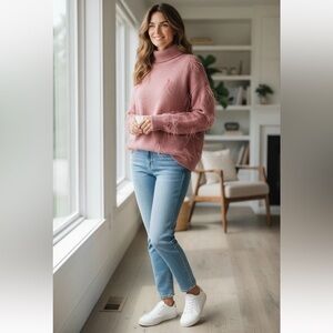 Rachel Parcell Ostrich Feather Trimmed Mock Neck Sweater Size XS Pink